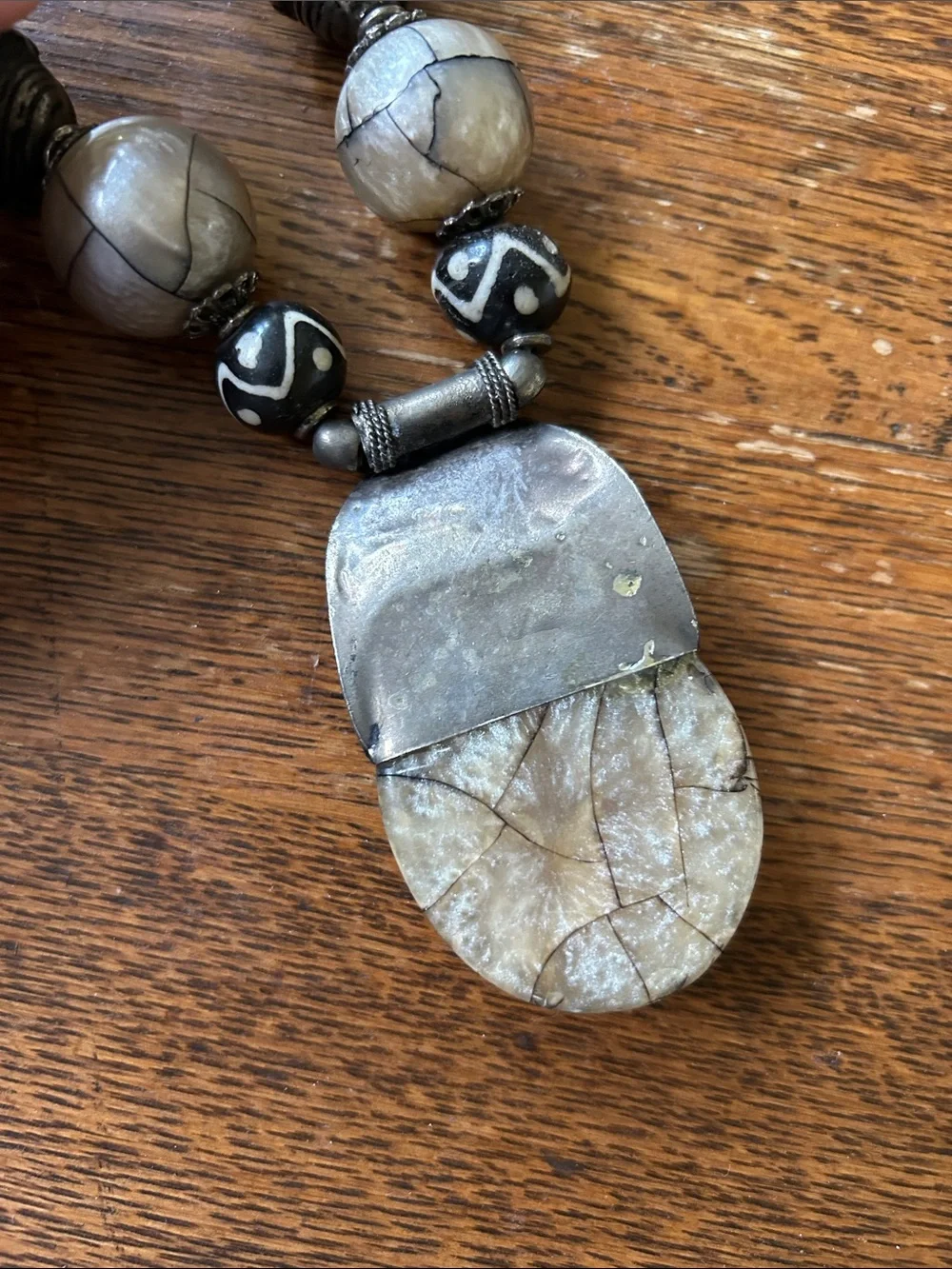 Handcrafted Stone and Silver-Tone Pendant Necklace in Browns, Cream, and silvers